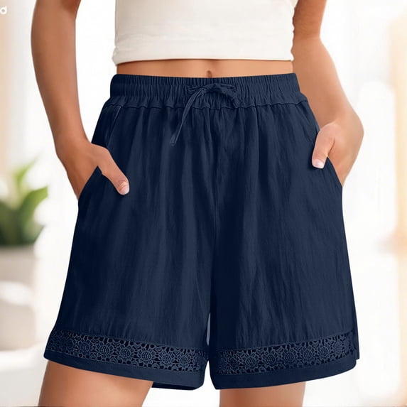 KIHOUT Women's Linen Cotton Blend Elastic Waist Drawstring Shorts Lace Trim Casual Summer Shorts For Daily Beach Wear