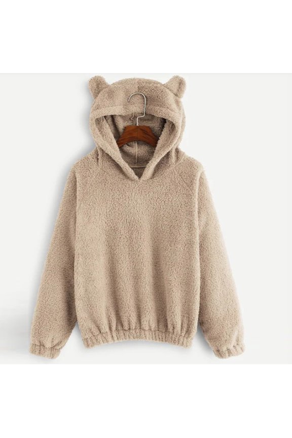 Women's Long Sleeve Fleece Sweatshirt Warm Bear Shape Fuzzy Hoodie Pullover