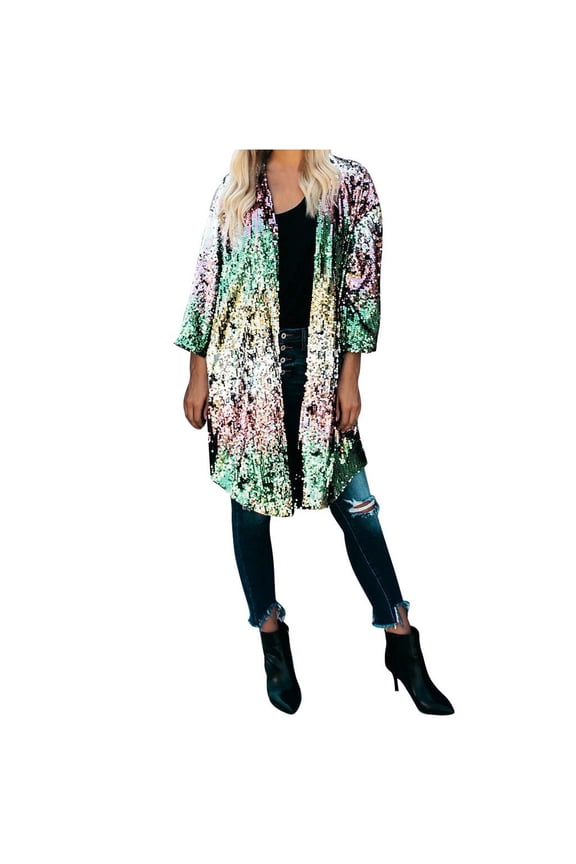 Women's Long Sleeve Warm Jacket Women's Flare Sleeve Sequins Open Front Cardigan Coat