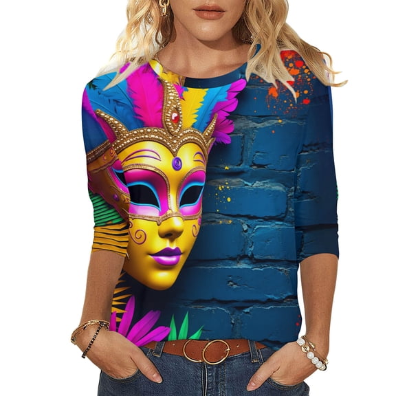 KIHOUT Women's Luxurious Ornate Mardi Gras Mask 3/4 Sleeve Top - Vibrant Print, Perfect for Carnival Celebrations & Casual Outings (S-XXL)