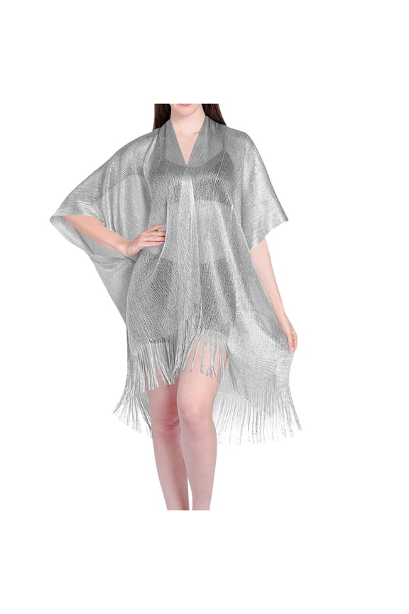 Women's Metallic Woven Kimono Beach Cover Up | Open Front Loose Fit Shawl for Swimwear & Vacation