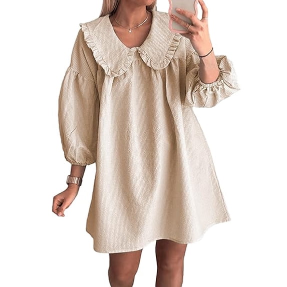 KIHOUT Women's Midi Dresses Solid Color Cute 3/4 Puff Sleeve Plaid Lapel Doll Collar Loose Dress Khaki S