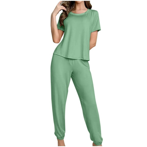 KIHOUT Women's Milk Silk Solid Color Pajama Set Fashionable Casual Round Neck Short Leeve Loose Top and Pants Ladies 2PC Pajama Set