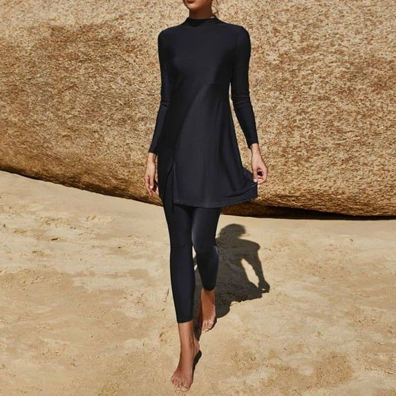 KIHOUT Women's Modest Full Coverage Swimsuit Set | Solid Color Long Sleeve Tunic with Leggings | Islamic Burkini Swimwear