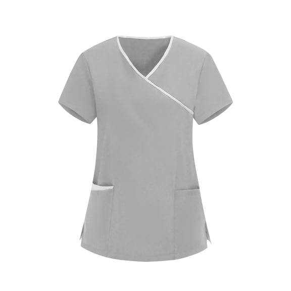 KIHOUT Women's Nurse Tunic Wrap V-Neck Short Sleeve Clinic Carer Workwear Top With Contrast Trim