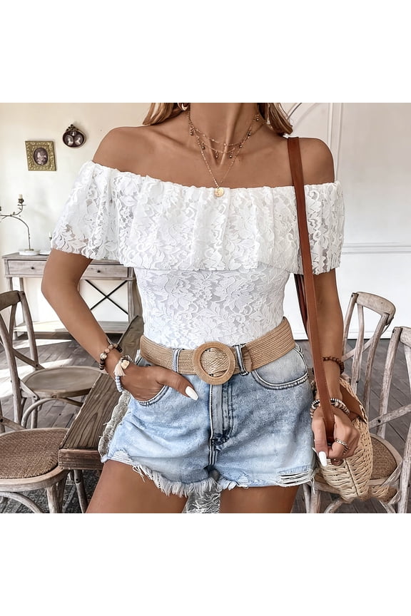 Women's Off Shoulder Lace Top Short Sleeve Elastic Smocked Casual Summer Blouse for Ladies