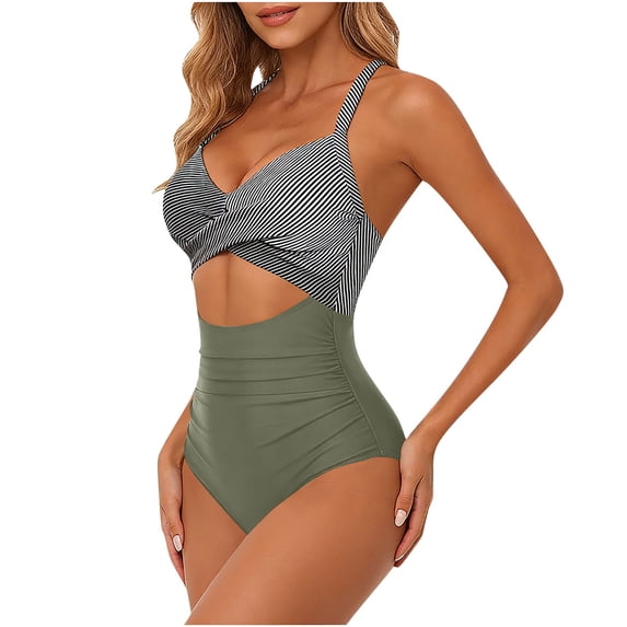 KIHOUT Women's One Piece Swimsuit Color Block Twist Front Cutout High Waist Ruched Adjustable Straps Quick-Dry High Elastic for Summer Beach Pool Vacation Activities