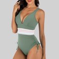 thumbnail image 1 of KIHOUT Women's One Piece Swimsuit Deep V Neck Striped Waist Band Side Drawstring Backless Removable Chest Pad Nylon for Summer Beach Pool Vacation Activities, 1 of 4