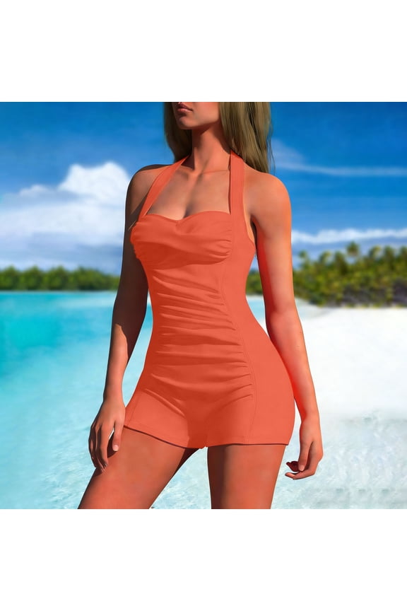 Women's One Piece Swimsuit Halter Neck Ruched Short Style Adjustable Straps Stretchy Quick-Dry Polyamide Spandex for Summer Beach Pool SPA Vacation Activities