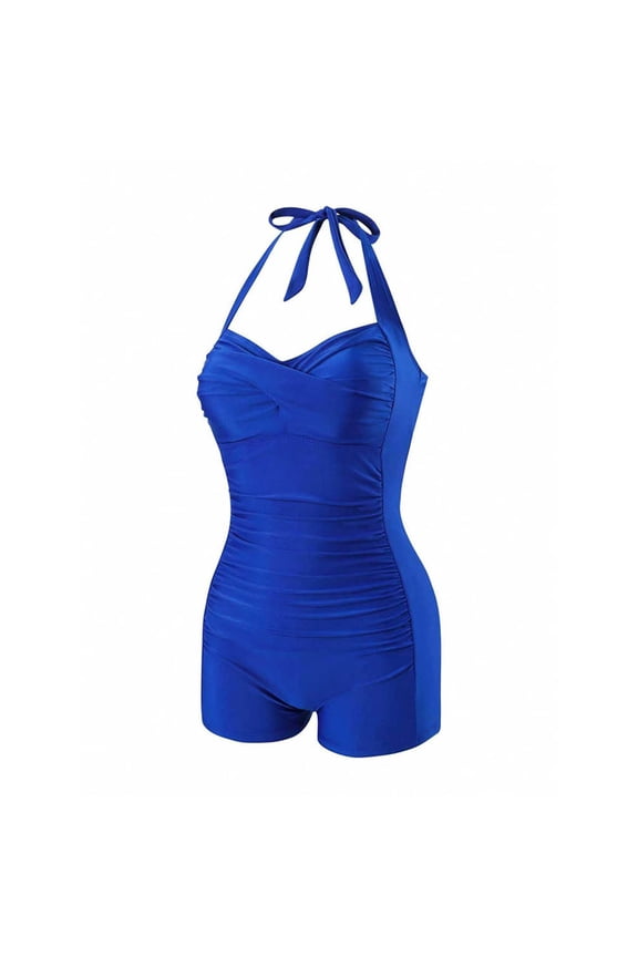 Women's One Piece Swimsuit Halter Tie Neck Ruched Modest Tummy Control Boyleg Shorts Stretchy Quick-Dry Polyamide Spandex for Summer Beach Pool Vacation Activities