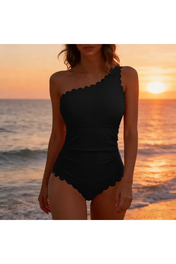Women's One Piece Swimsuit One Shoulder Scalloped Edge Ruched Waist Stretchy Quick-Dry Polyamide Spandex for Summer Beach Pool SPA Vacation Activities