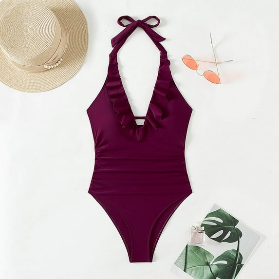 KIHOUT Women's One Piece Swimsuit Solid Halter Neck Ruffle Detail High Waist Built-In Chest Pad Polyester for Summer Beach Pool Vacation Swimwear