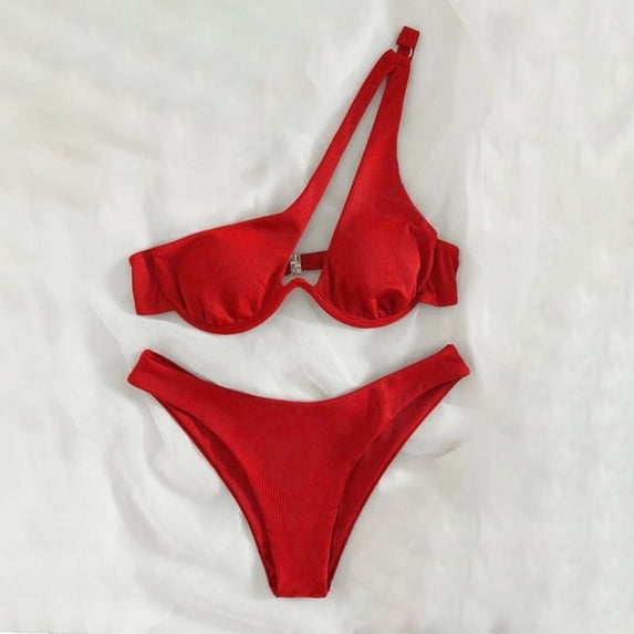 KIHOUT Women's One Shoulder Bikini Swimsuit Set | Solid Color Ribbed Fabric Underwire Padded Top with Cheeky Bottom | Two Piece Bathing Suit