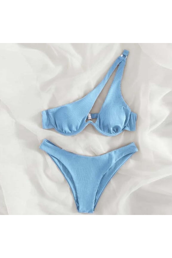 Women's One Shoulder Bikini Swimsuit Set | Solid Color Ribbed Fabric Underwire Padded Top with Cheeky Bottom | Two Piece Bathing Suit