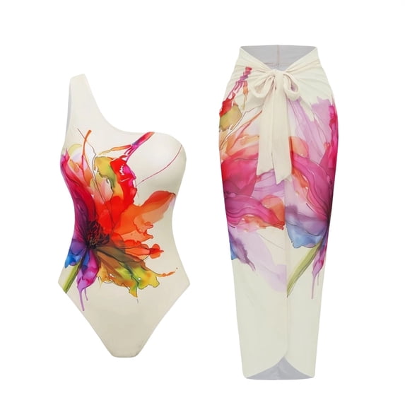 KIHOUT Women's One Shoulder One Piece Swimsuit Set | Floral Print Sarong Cover Up | Padded Two Piece Bathing Suit