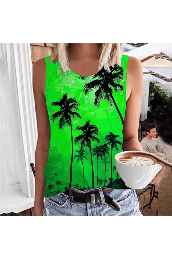 Women's Palm Tree Print Crew Neck Tank Top Sleeveless Loose-Fit Casual Blouse for Spring Summer Beach Wear