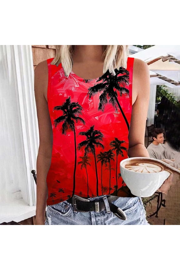 Women's Palm Tree Print Crew Neck Tank Top Sleeveless Loose-Fit Casual Blouse for Spring Summer Beach Wear