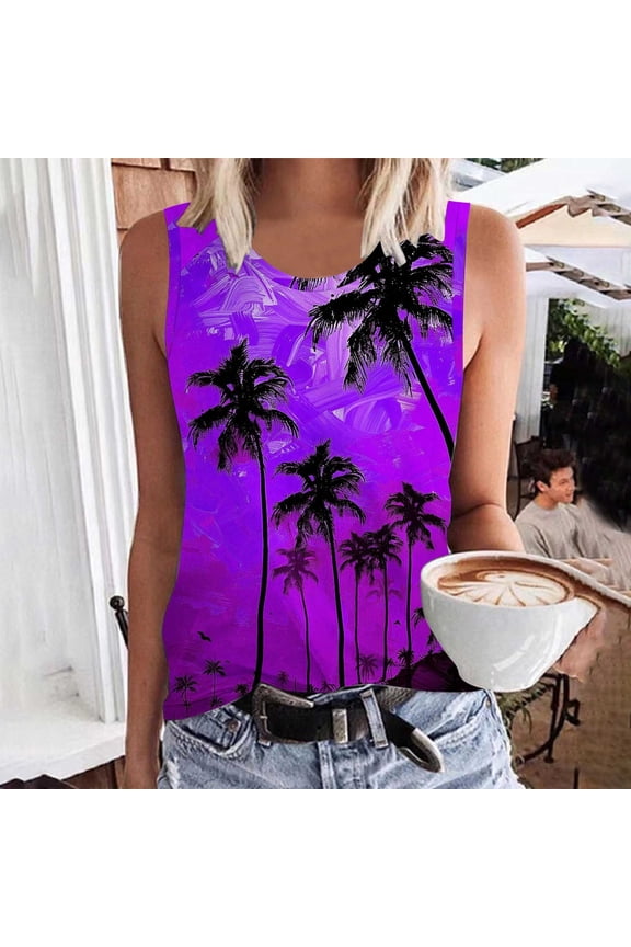 Women's Palm Tree Print Crew Neck Tank Top Sleeveless Loose-Fit Casual Blouse for Spring Summer Beach Wear