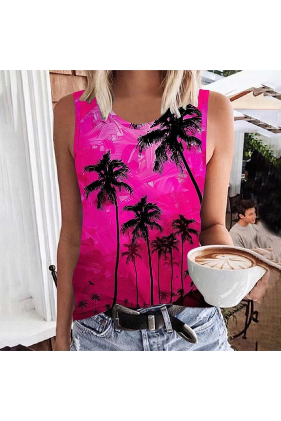 Women's Palm Tree Print Crew Neck Tank Top Sleeveless Loose-Fit Casual Blouse for Spring Summer Beach Wear