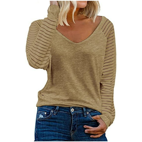 KIHOUT Women's Patchwork Long Sleeve Top Striped Casual Loose Shirt T-Shirt