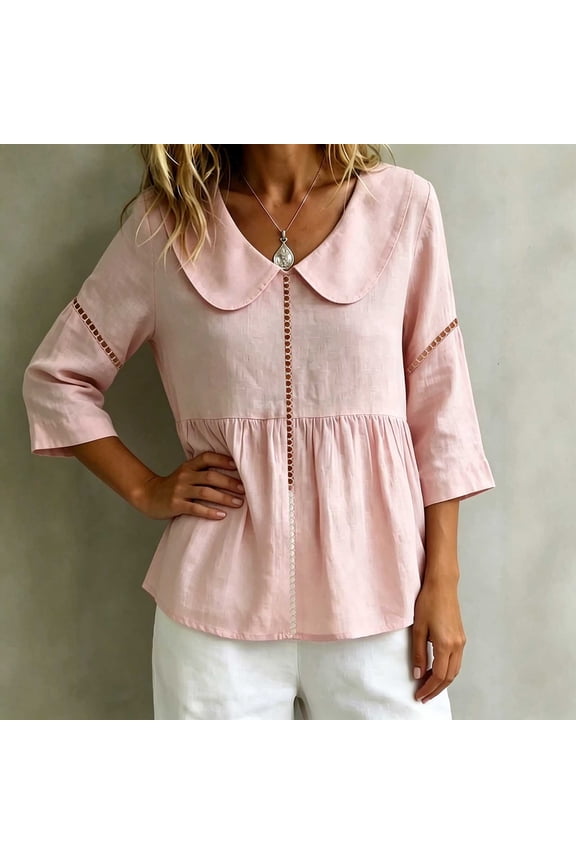 Women's Peter Pan Collar Crochet Trim Three Quarter Sleeve Blouse Loose Fit Casual Cotton Linen Top for Ladies