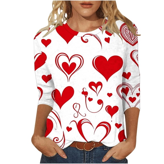 KIHOUT Women's Playful Red Heart Print 3/4 Sleeve Top - White Base, Cute for Valentine’s Casual & Daily Wear (S-5XL)