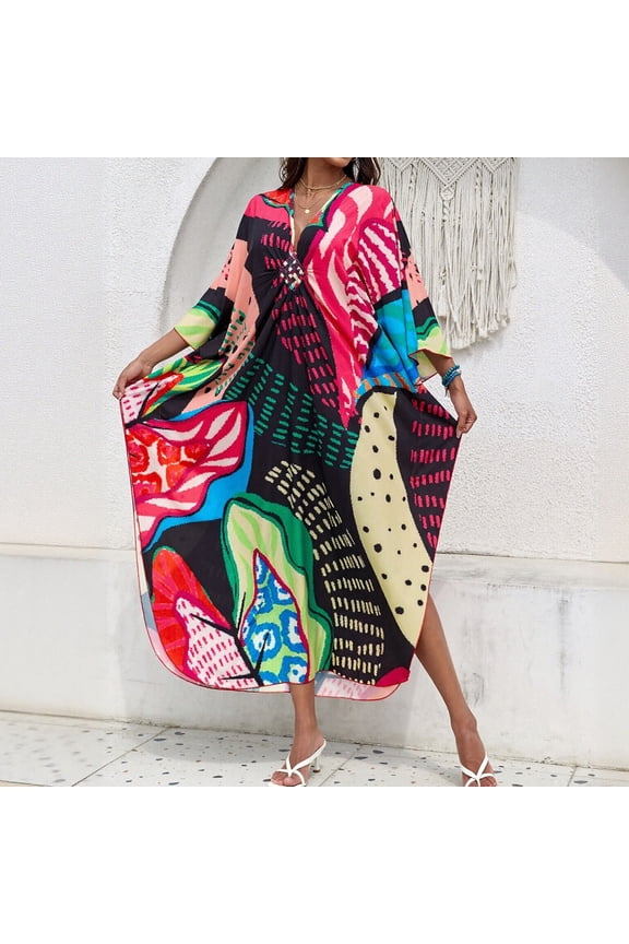Women's Plus Size Abstract Art Print Beach Cover Up | V-Neck Batwing Sleeve Maxi Kaftan Dress for Vacation & Casual Wear
