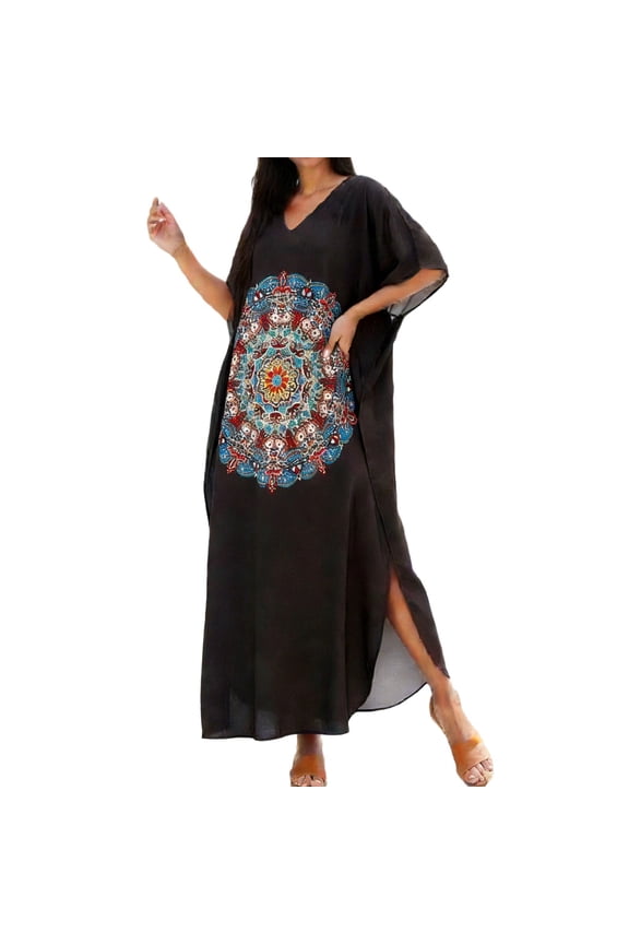 Women's Plus Size Mandala Print Beach Cover Up | Batwing Sleeve Maxi Kaftan Dress for Vacation & Casual Wear