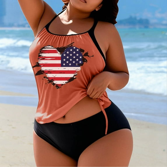 KIHOUT Women's Plus Size Print Split Tankini Swimsuit Loose Drawstring Removable Padded No Underwire High-Waisted Bottom for Beach Pool Summer