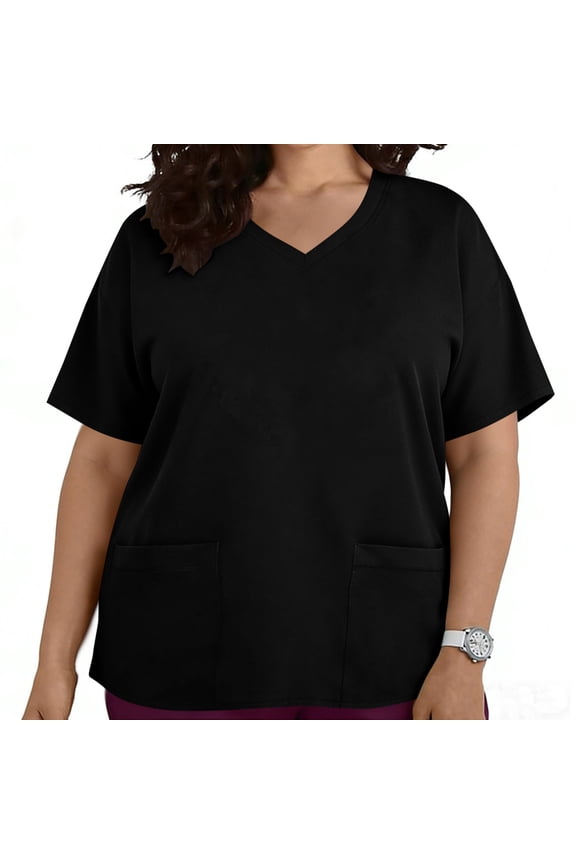 Women's Plus Size V-Neck Scrub Top with Pockets Short Sleeve Stretchy Casual Uniform Blouse