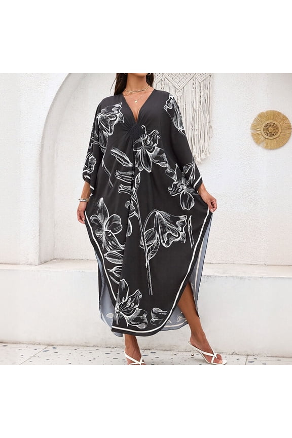 Women's Plus Size White Floral Print Beach Cover Up | V-Neck Batwing Sleeve Maxi Kaftan Dress for Vacation & Casual Wear