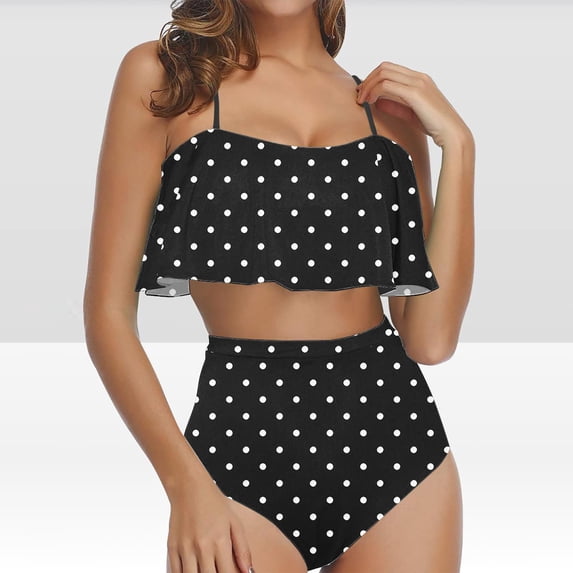 KIHOUT Women's Polka Dot Ruffled High Waisted Bikini Set | Two Piece Retro Bathing Suit with Removable Padded Cups