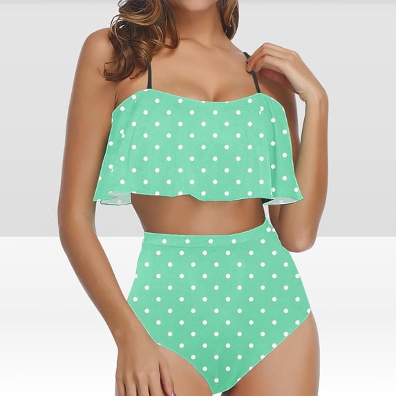 KIHOUT Women's Polka Dot Ruffled High Waisted Bikini Set | Two Piece Retro Bathing Suit with Removable Padded Cups