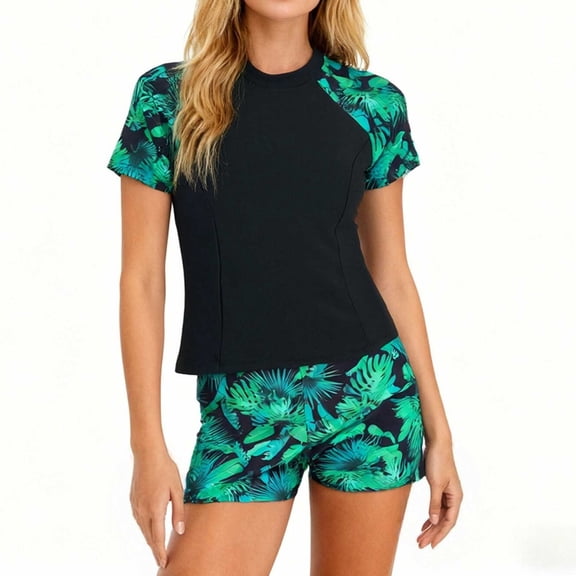KIHOUT Women's Printed Round Neck Raglan Short Sleeve Top & Print Shorts Split Bikini Set Beach Casual Spring Summer Fashion Swimsuit