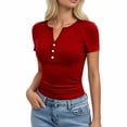 thumbnail image 1 of KIHOUT Women's Ribbed Knit Henley V-Neck Short Sleeve T-Shirt Stretchy Form-Fitting Casual Everyday Top, 1 of 6