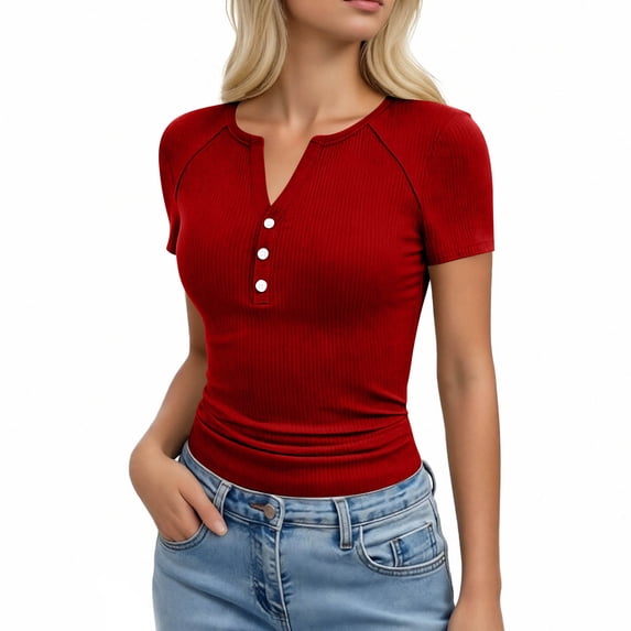 KIHOUT Women's Ribbed Knit Henley V-Neck Short Sleeve T-Shirt Stretchy Form-Fitting Casual Everyday Top