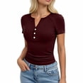 thumbnail image 1 of KIHOUT Women's Ribbed Knit Henley V-Neck Short Sleeve T-Shirt Stretchy Form-Fitting Casual Everyday Top, 1 of 6