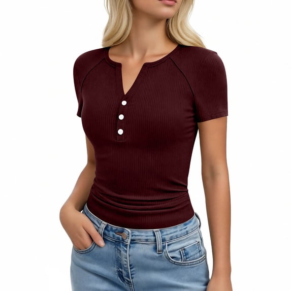 KIHOUT Women's Ribbed Knit Henley V-Neck Short Sleeve T-Shirt Stretchy Form-Fitting Casual Everyday Top