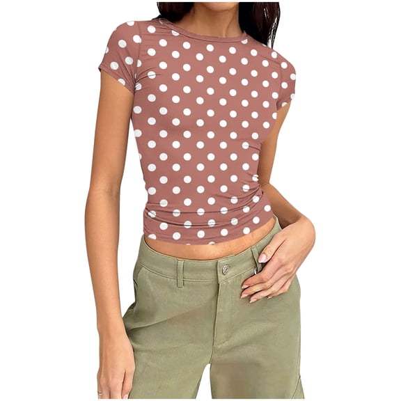 KIHOUT Women's Round Neck Cropped Fitted Stretch Polka Dot Print Casual Short Sleeve Daily Fashion Top