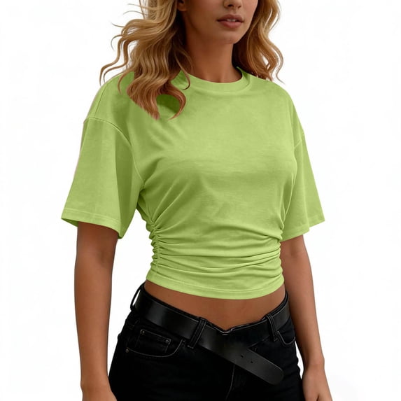 KIHOUT Women's Ruched Side Crew Neck Crop T-Shirt Short Sleeve Stretchy Casual Summer Top
