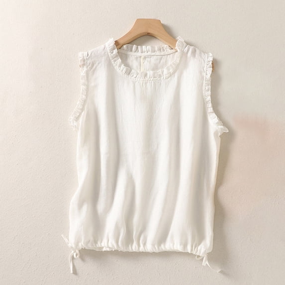 KIHOUT Women's Ruffled Trim Linen Blend Tank Top Crew Neck Drawstring Waist Casual Blouse for Spring Summer Wear