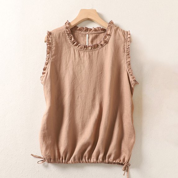 KIHOUT Women's Ruffled Trim Linen Blend Tank Top Crew Neck Drawstring Waist Casual Blouse for Spring Summer Wear