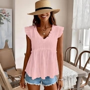 KIHOUT Womens Ruffled V-Neck Babydoll Blouse Sleeveless Textured Casual Top for Spring Summer Wear