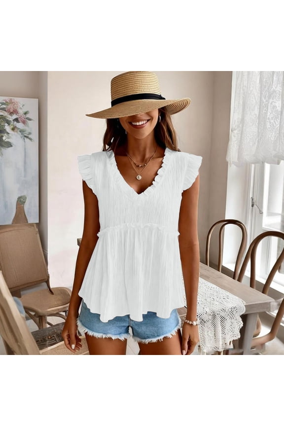 Women's Ruffled V-Neck Babydoll Blouse Sleeveless Textured Casual Top for Spring Summer Wear
