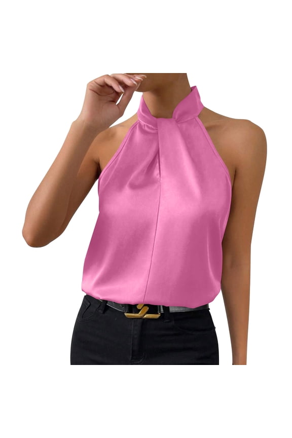 Women's Satin Halter Neck Blouse Twist Front Sleeveless Elegant Top for Party Office Spring Summer Wear