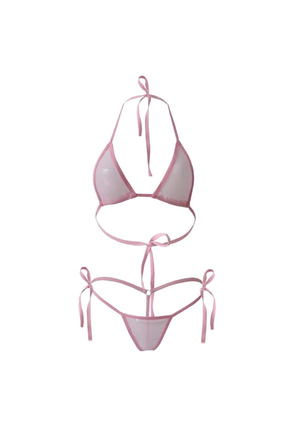 Women's Sheer Mesh Three-Piece Bikini Set | Halter Neck Tie Side Bottom with Transparent Panel | One Size Sexy Bathing Suit