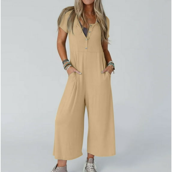 KIHOUT Women's Short Sleeve Button Front Jumpsuit with Pockets Solid Color Wide Leg Casual Romper for All-Season Wear