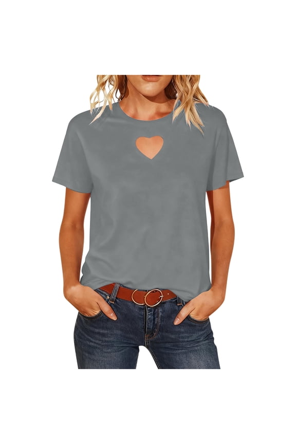 Women's Short Sleeve Crewneck Tee With Heart Cutout Basic Casual Soft Stretch All-Season T-Shirt Top