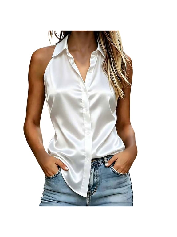 Women's Sleeveless Satin Button Down Collared Blouse, Casual and Dressy Solid Halter Neck Tank Top