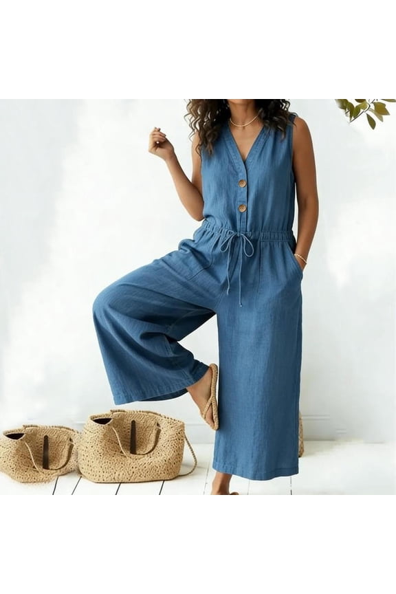 Women's Sleeveless V-Neck Button Front Jumpsuit with Drawstring Waist - Casual Wide Leg Denim-Like Romper with Pockets for Summer
